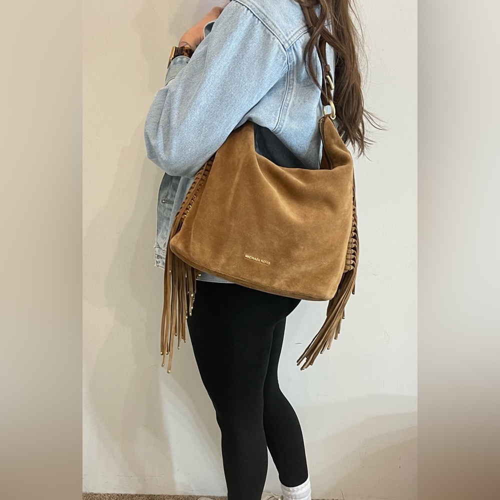 Brown Suede Shoulder Bag with Fringe